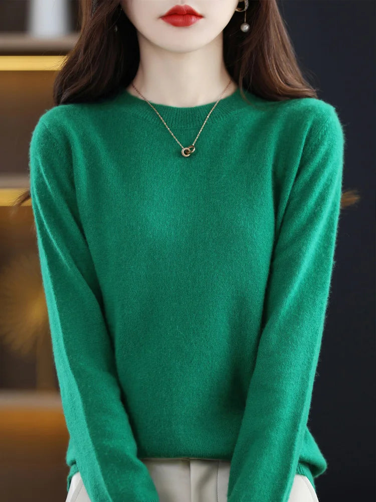 Fashion 100% Merino Wool Sweater Elegant Cashmere Pullover Women O-Neck Long Sleeve Knitwear Basic Clothing Jumper Tops