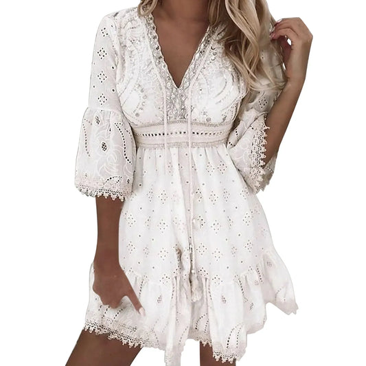 Summer Boho White Dresses for Women Lace Hollowed Crochet Cotton Dress Lady Beach Sundress Short Sleeve Loose A Line Dress Robe