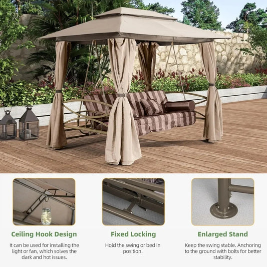 3 Person Outdoor Patio Porch Swing Gazebo with Netting & Gazebo Curtains with Canopy Swings for Adults, Outdoor Patio Swings
