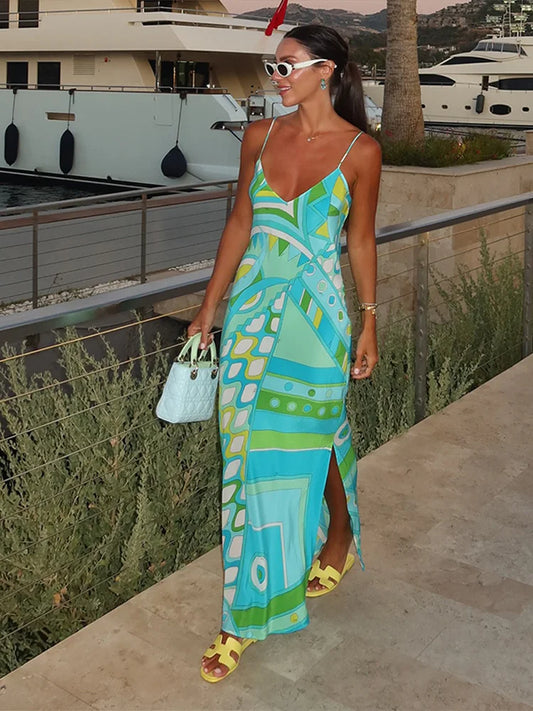 Chic Print Sling Long Dress Women Sleevless Backless Side Split Party Dresses 2025 Summer Street Beach Lady Ankle-length Robes