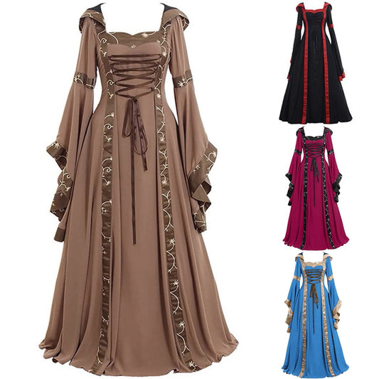 Women Vintage Medieval Length Solid Color Dress Plus Size Gothic Elegant Square Neck Long Sleeve Dress Party Cosplay Dress