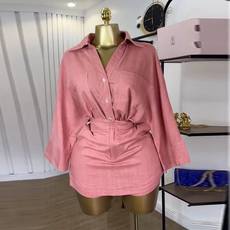 CM.YAYA Fashion Women's Set Full Sleeve Turn-down Collar T-shirt and Skirts Shorts 2025 Chic Two 2 Piece Sets Outfit Tracksuits
