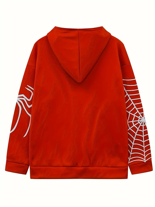 EtherealBe red hooded sweatshirt back view with white spider and web sleeve prints spider web zipper hoodie for women