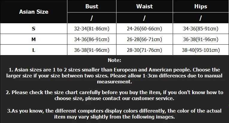 EtherealBe size chart table showing Asian sizes S M L with bust waist hips and notes for two piece floral halter bikini set