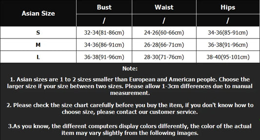 EtherealBe size chart table showing Asian sizes S M L with bust waist hips and notes for two piece floral halter bikini set