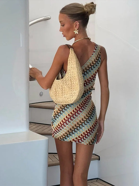 Irregular Printed Knitted Mini Dress For Women Chic Backless Slanted Shoulder Slim Fit Dresses 2025 Summer Holiday Beach Robes