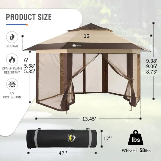 16x16 Pop up Gazebo with Mosquito Nettings, Patented Center Lock 6-Sided Portable Gazebo, 300D Silver-Coated Fabric UV Resistant