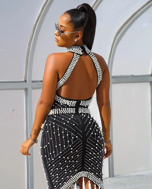Women Summer Fall Midi Dress Halter Pearl Hot Diamond Tassel Dress Backless Sexy Club Night Party Street Bandage Dresses GL2225