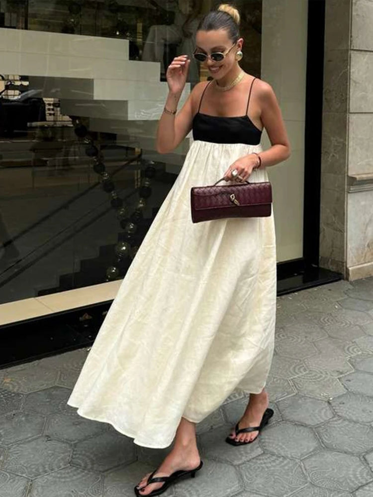 Contrast Loose Sling Women Dresses Sleeveless Backless Square Collar Female Dress 2024 Fashion High Waist Summer Sexy Lady Robe