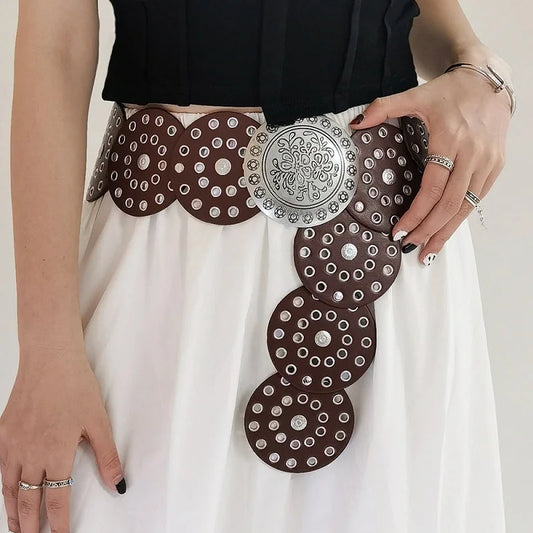 Women's Western Denim Belt High Quality Metal Hollow Ladies Trend Wide Waistband Vintage Personalized Round Belts DT148