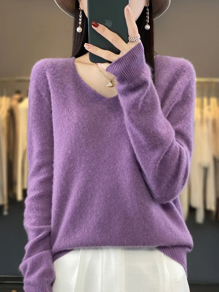Fashion100% Merino Wool Sweater Cashmere Pullover Women Knitwear V-Neck Long Sleeve Autumn Winter Fashion Basic Clothing Tops