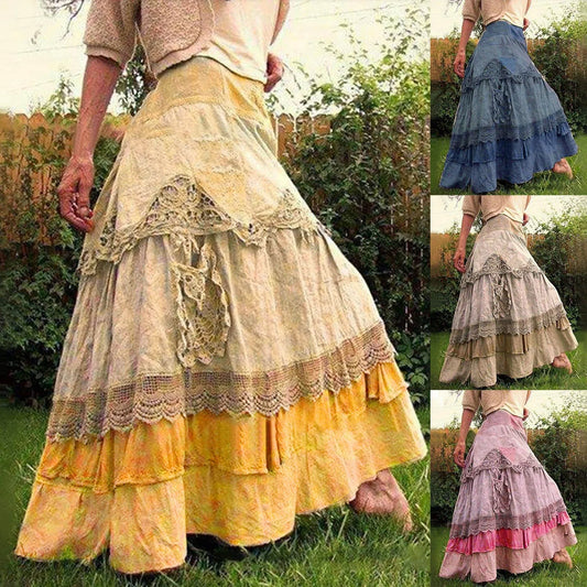 Women's 2025 Summer Boho Tiered Long Lace Skirt Maxi Flared Long Skirts For Women Fairy Casual Patchwork Layered Long Skirts