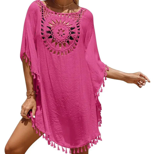 Women Casual Bohemian Holiday Outfits Beachwear Bikini Cover Up Summer Solid Color Hollow Out Beach Dress