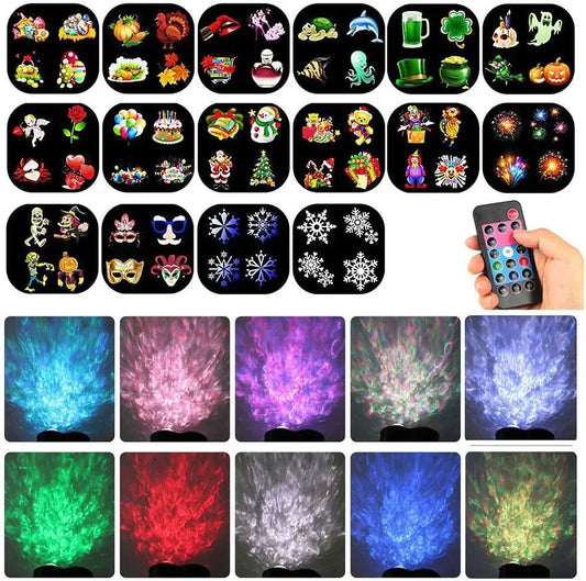 Halloween Christmas Projector Lights Outdoor 16 HD Slides, 2 in 1 Water Wave Lamp with Color Patterns, Timer & Remote for Party