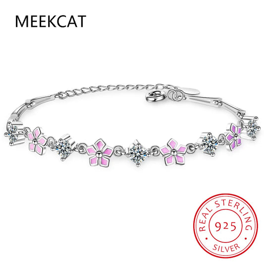 925 Sterling Silver Moissanite Gemstone Bracelet for Women Lab Diamond Pink Enamel Sakura Bracelet for Engagement Party Gift