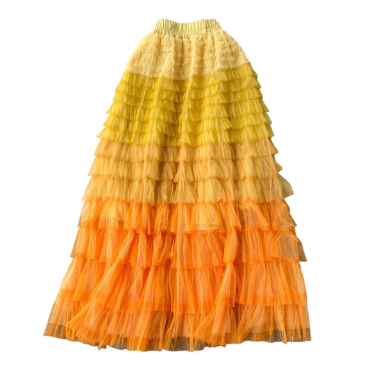 Voille Mesh Long Skirt For Women Spring Summer Color Blocked High Waisted Ruffles Cake Skirt Vintage Elegant Evening Party Skirt