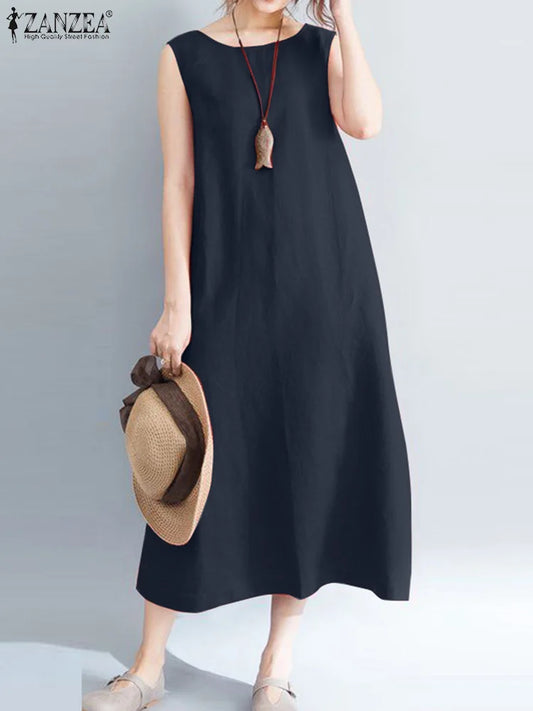 Summer Fashion Sleeveless Dress ZANZEA Women Fashion O Neck Beach Sundress Casual Solid Loose Vestidos Elegant OL Work Dresses