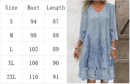 Button V-neck Short Sleeved Lace Printed Women's Dress Elegant Casual Fashionable High Street Spring Dresses