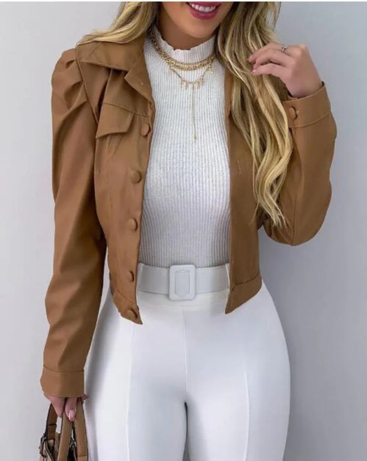 Women's Fashion Collar PU Leather Short Cardigan Jacket Fashionable Street Style Commuting Jacket Casual Versatile Wear