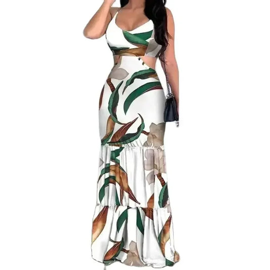 Women's Summer New Elegant Print Fashion Floral Sexy Backless Boho Maxi Ruffle Hollow Out Long Slim Beach Suspender Sheath Dress