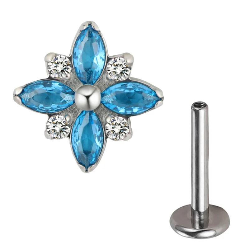 1Pc F136 Titanium Cute 5A CZ Flower Cartilage Crystal Piercing Labret Stud Piercing Jewelry Internally Threaded Ear Tragus Ring