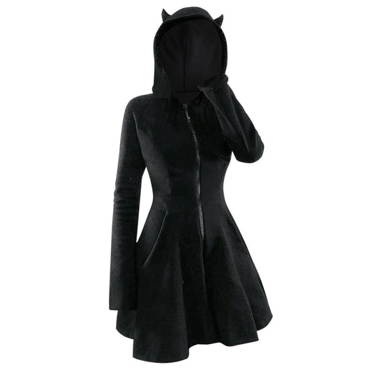 Animal Hooded Zip Up Punk Gothic Dress Vintage Long Sleeve Cat Ear Coat Robe For Women Autumn Winter Witch Party A Line Dress