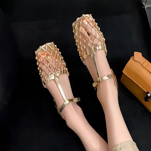 Women Weave Mesh Sandals Square Toe Low Heels Mules Shoes Open Toe Woman Summer 2025 Trend Dress Chunky Designer Pumps Mujer