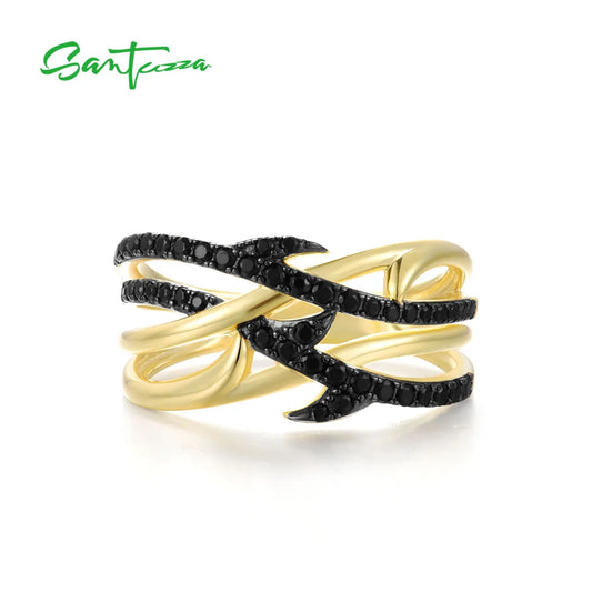 SANTUZZA Authentic 925 Silver Rings For Women Sterling Silver Black Spinel Yellow Plated Unique Elegant Handmade Fine Jewelry
