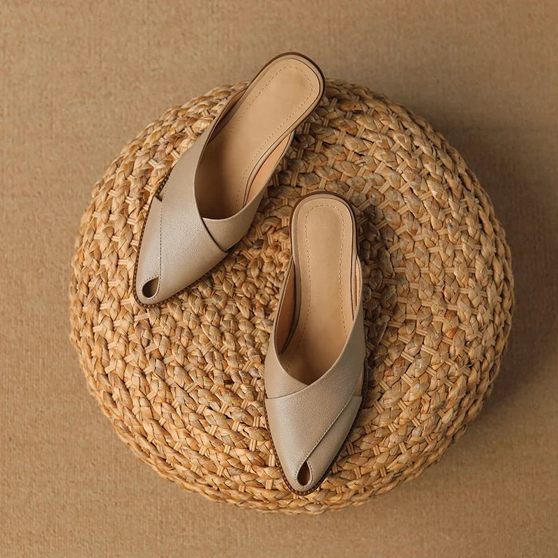 2024 Summer Slippers Women Genuine Leather Shoes for Women Pointed Toe Low Heel Mules Elegant Sandals Women Slides Ladies Shoes