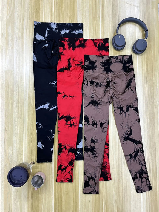 Tie Dye Seamless Leggings for Women High Waist Yoga Pants Scrunch Butt Lifting Elastic Tights Wide Waistband Sports Leggings