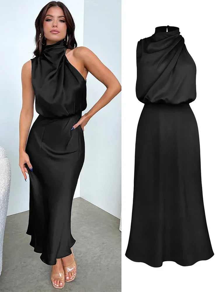 Summer Luxury Sleeveless Silk Satin Long Dress Women Elegant Off Shoulder Celebrity Evening Dress Partywear Lady Trumpet Dress