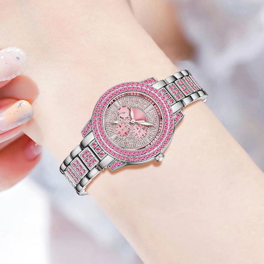 Pink Watch Women's Bracelet Necklace Jewelry Set Elegant Fashion Watch Women's Casual Watch Bracelet Set Clock (No Box)