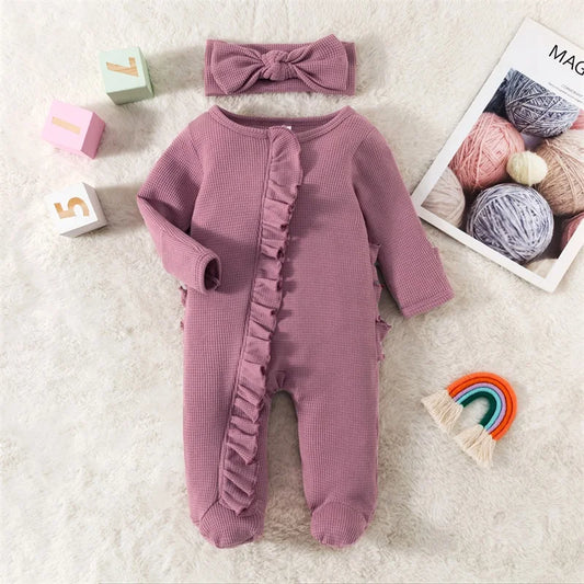 Infant BabyGirl Footies Rompers Solid Color Long Sleeve Jumpsuits Winter Fall Clothes Bodysuits with Headband