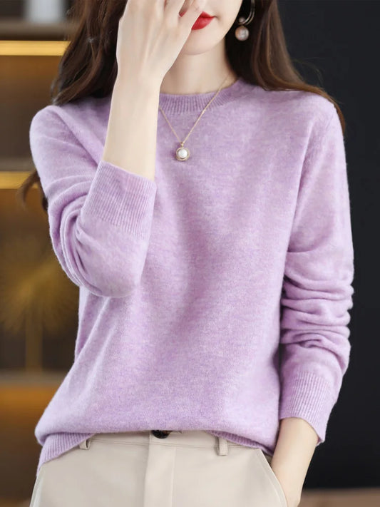 Fashion 100% Merino Wool Sweater Elegant Cashmere Pullover Women O-Neck Long Sleeve Knitwear Basic Clothing Jumper Tops