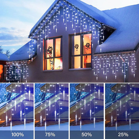 2.8M LED Curtain Icicle String Lights Christmas Waterfall Garland Outdoor Garden Decoration Fairy Light for Street Eaves Patio