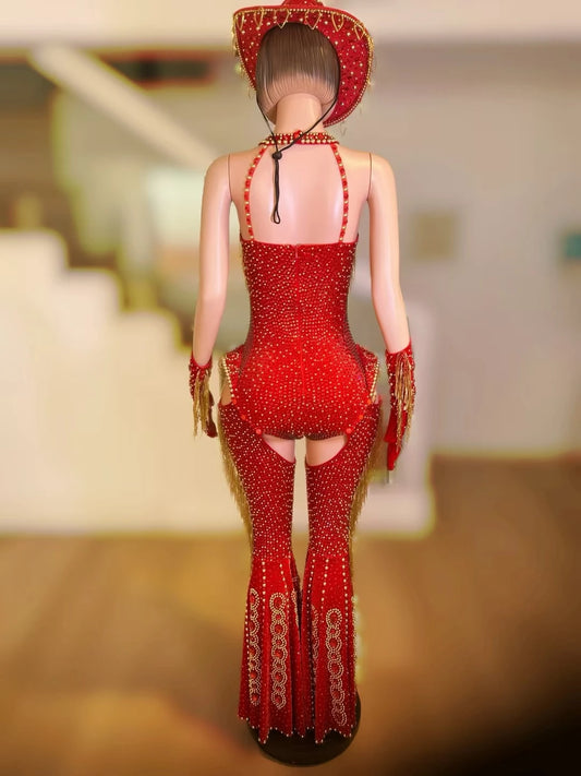 Women Sparkly Rhinestone Red Bodysuit 4Pieces Set Nightclub Party Stage Show Outfit Cabaret Carnival Showgirl Sexy Wear Hongding