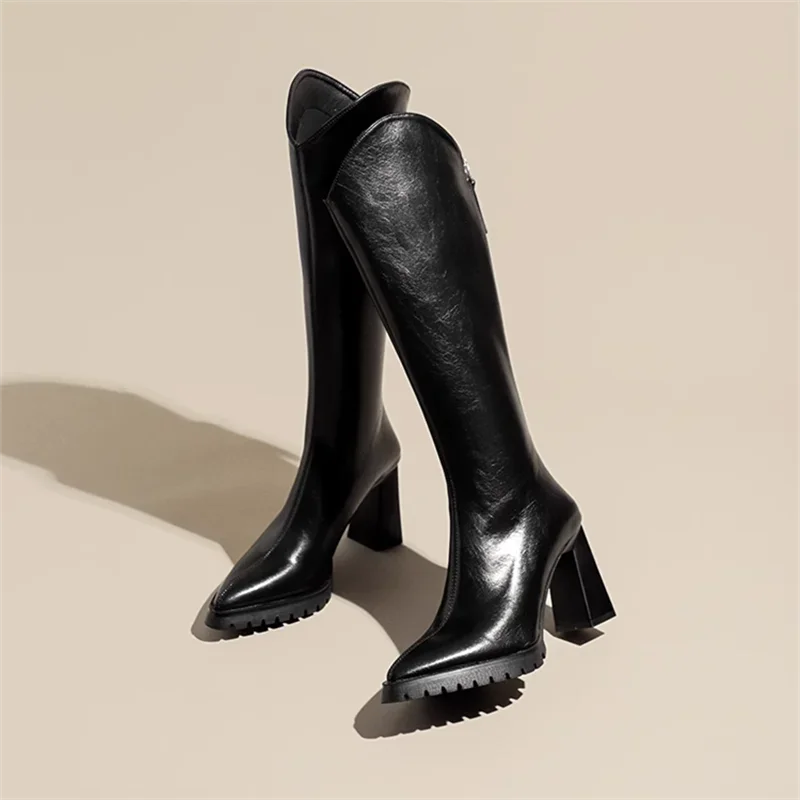 Elegant Heeled Women's Long Boots High Heels Leather Brown Ladies Knee Shaft Shoes Pointed Toe Waterproof Y2k Chic New Rock Work