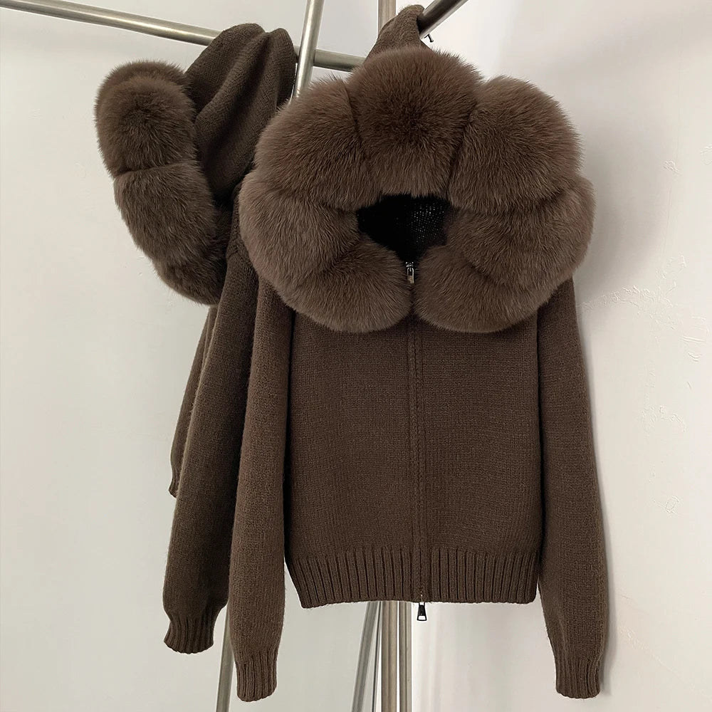 Coat Women Cardigan Natural Fox Fur Coat Women Real Mongolian Fur Knitwear Female Spring Autumn Hooded Knitted Fur Jacket