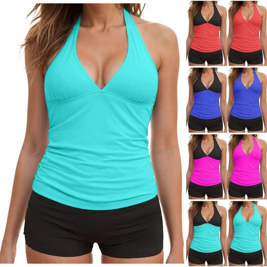 Women Fashion Two Piece Tankini Swimsuit Halter V Neck Backless Tops Tight Shorts Beachwear Ladies Swimsuit Trajes De BañO Mujer