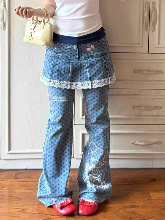 Women Shoujo Star Print Jean Y2k Japanese Harajuku Low Rise Patchwork Denim Flare Pants 2000s Kpop Bell-Bottom Long Trousers