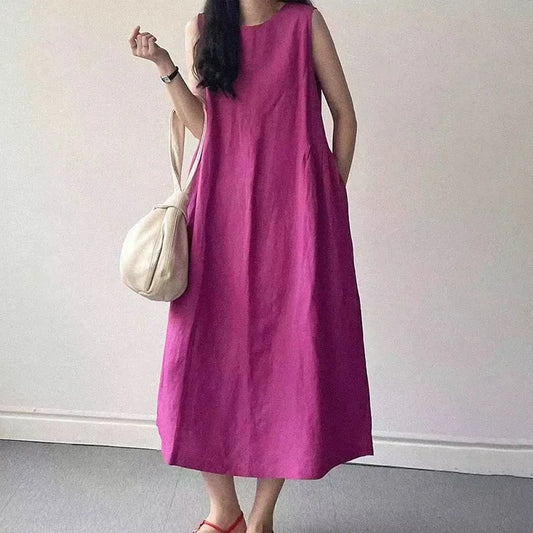 Minimalist Summer Lazy Style round Neck Long Oversized Sleeveless Dress Maxi Dress Comfortable Loose Fit V-Neck Knee-Length Dres