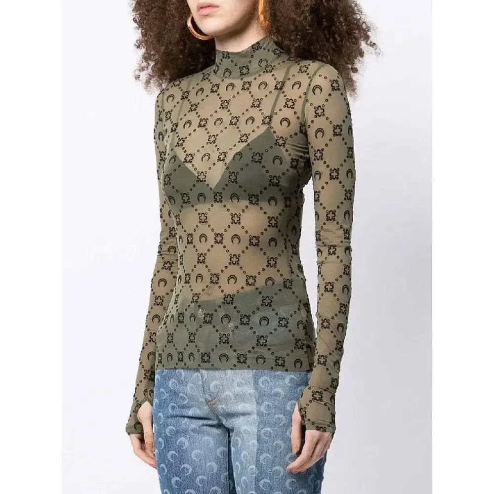Spring Fashion Sexy Perspective Women's Pullover Mesh T-Shirt New Semi High Neck Long Sleeved Slim Fit Elastic Women T-Shirt