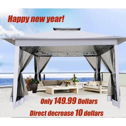 12x12 Pop Up Gazebo Canopy Tent Easy Up Outdoor Gazebo Waterproof Upgrade Portable Gazebo with Mosquito Nettings, Double Vented