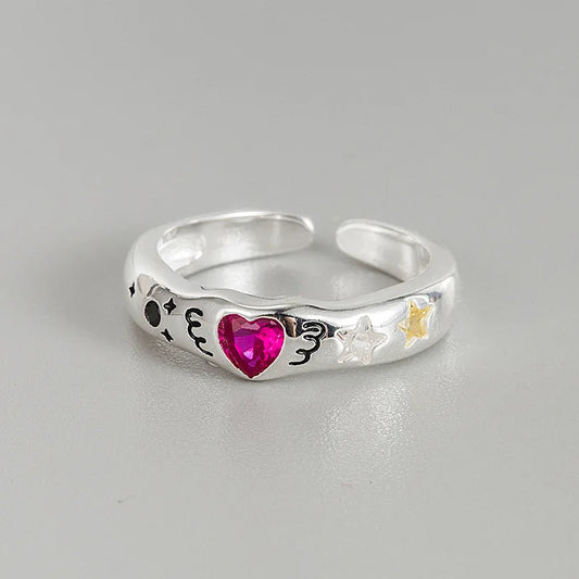 BF CLUB Silver Color Rings for Women Fashion Geometric Handmade Irregular Red Heart Ring Party Christmas Gift