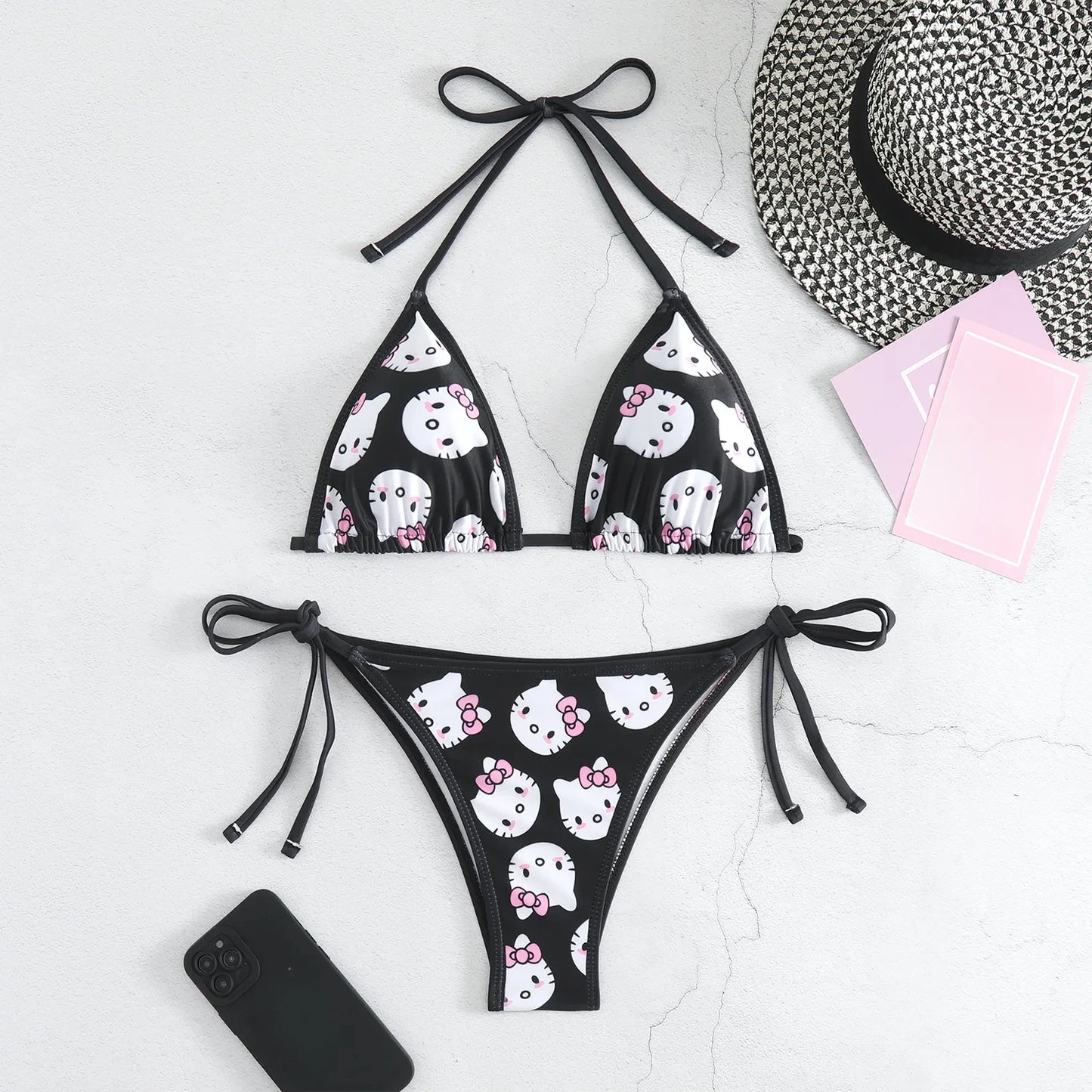 Hello Kitty Bikinis Set Kawaii Y2K Summer 2024 New Women Swimsuit Beach Strappy Panties Sexy Swimwear for Girl