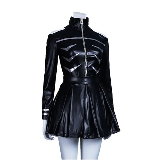 EtherealBe black faux leather pleated skirt dress with silver chevrons and zip front women's cosplay costume