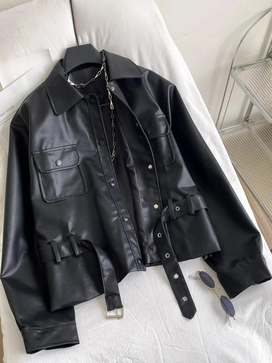 Fashion Tied Waist Long Sleeved Jacket for Women Autumn 2025 Casual Pocket Leather Jackets