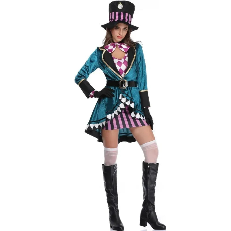 EtherealBe sexy mad hatter costume for women with a teal jacket and tall hat for themed parties