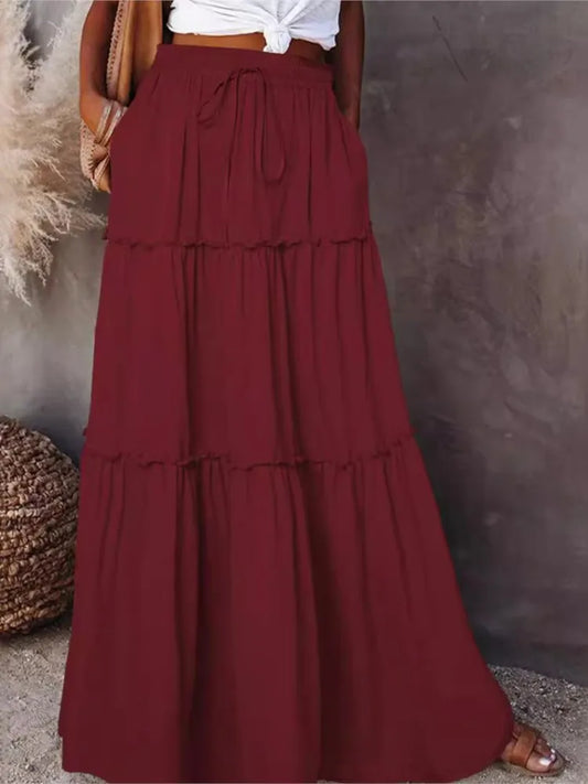 Women's Spring Autumn New Long Skirt Solid Color Fashionable Mushroom Layered Skirt High Waist Elastic Ruffle Skirt