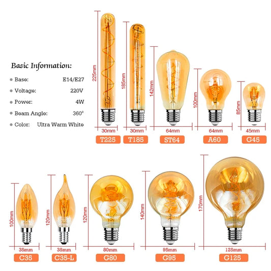 E14 E27 Spiral Light G80 G95 G125 LED Filament Bulb 220V 4W 2200K Retro Vintage Lamps Decorative Lighting Dimmable Edison Lamp